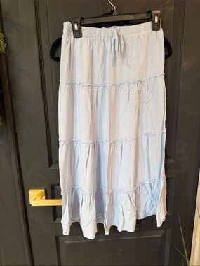 Women's Light Blue Tiered Maxi Skirt with Drawstring Waist small